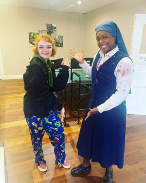 Bella Higginbotham Instagram - Behind the scenes of THAT episode = three Nadines, green screens, fake blood, and other fun stuff!!! #chucky #nadinechucky #nadine @syfy @usa_network @chuckyisreal