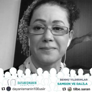 Bennu Yıldırımlar Instagram - #Repost @tilbe.saran with @make_repost
・・・
#Repost @dayanismanin100usiir with @get_repost
・・・
Tiyatro emekçilerine destek olmak amacıyla Bennu Yıldırımlar, Didem Madak'ın "Samson ve Dalila" şiirini söyledi.
☝🏽Şiiri dinlemek için Bio'daki linke tıklayın!

Saçlarımda dolunay taneleri eriyor
Saçlarımda bir kızılderili reisi
Oturmuş barış çubuğu tüttürüyor
İsmi: Mehtapta öpüşen iki sevgili
Kalbim küs oysa, kalbim yalnız bir kovboy
Nedense şimdi evinden çok uzakta ➡️Seslendiren: Bennu Yıldırımlar
#dayanismanin100üsiir #tiyatro #siir #sahne #destekol #dayanisma #emek #emekçi #sahnearkasI #sanat #sanatlavarız #oyuncu #destek #evdekal #covid19