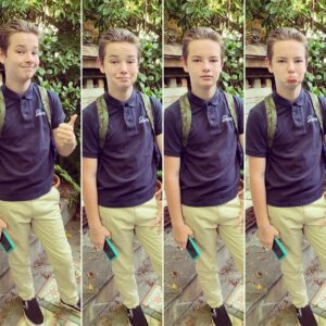 Beth Littleford Instagram - Me as the demanding photog barking directions at Jackson on his way out the door for the first day of eighth grade: “Pose for a picture. Lose the pose. Smile. Don’t smile.” Poor baby. Miraculously, he likes middle school! @campbellhallvikings