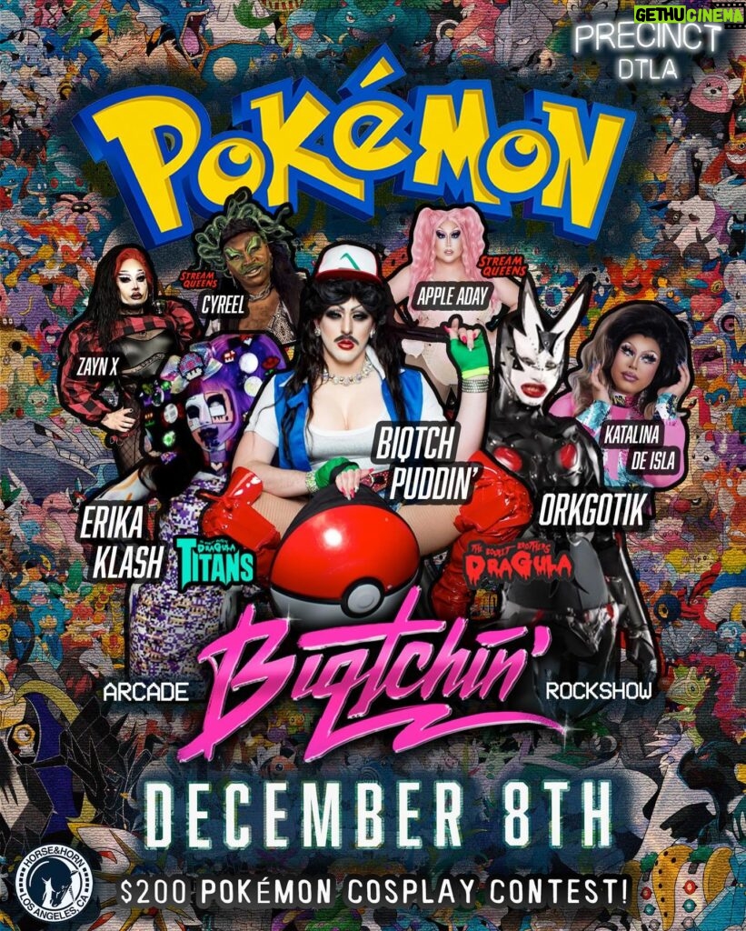 Biqtch Puddin Instagram - It’s @biqtchin #Pokemon Edition this Friday at @precinctdtla! 😱✨ Never been to Biqtchin? It’s an #ARCADE, #ROCKSHOW with a whole lot of Tomfoolery! Emo Tunes, Classic Hip Hop and lots of FagPop! Every moment is pure Nostalgic Bliss. 🎮✨ $200 Pokémon Cosplay Contest. Dress up as your fav character, object or Pokémon from the beloved franchise. 🐭💛 Performances by 💃🏽👨‍🎤 • @orkgotik • @erikaklash • @appleadayxo • @katalinadeisla • @cyreelism • @booitszaynx • @biqtchpuddin Featured Gaymes 👾🕹 • SuperSmahBros • Pokemon Snap 2 • Pokkén Tournament GoGo Dancers 🕺🤘🏽 • @vhexgirl • @peanutbutterandjamlet • @angiiiemariiiee Beats By 🎶🥁 • @djlazyeye • @foxythedj Vendors: • @horseandhorn A 10$ cover 🎟 gets you unlimited tokens to play Video Games, the opportunity to “Network” in the bathroom and also access to one of the best #DragShows in Los Angeles! 🌙.
