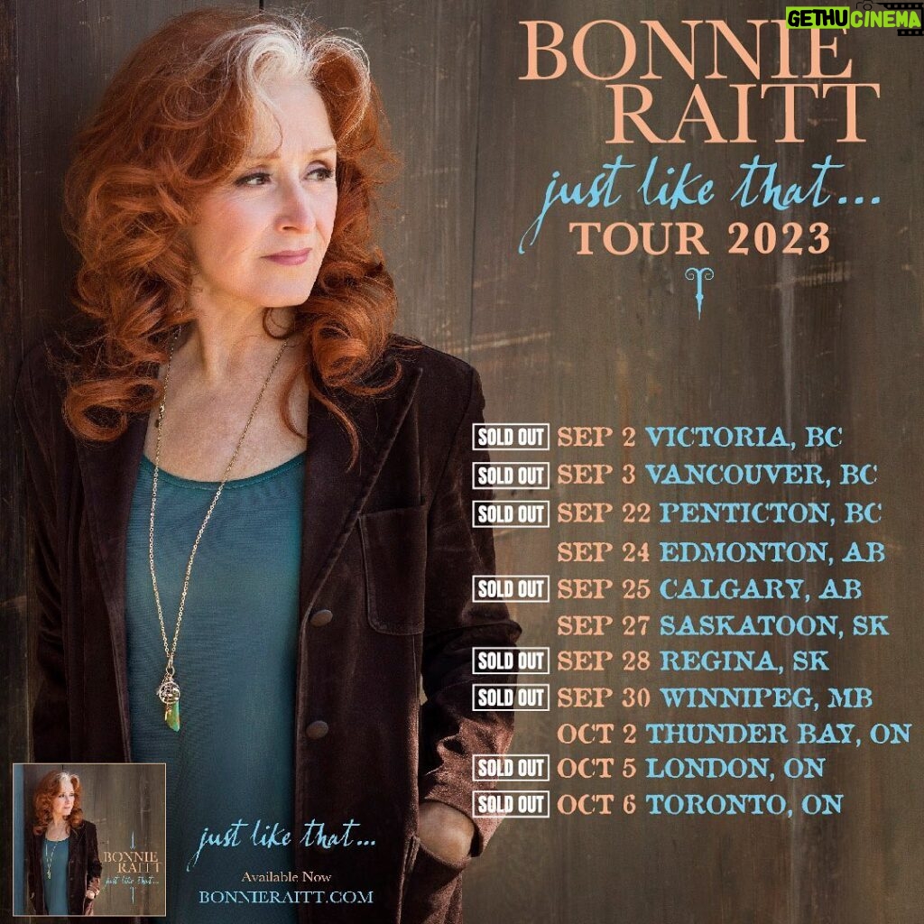 Bonnie Raitt Instagram - Bonnie and her label @redwingrecords are collaborating with @sunriserecordscan to offer you a chance to win #FrontRow tickets to see Bonnie and her band in concert as she takes the Just Like That... Tour across Canada in September and October. Click the link in our bio 👆 to enter for your chance to win tickets in #Penticton, #Edmonton and #Calgary Chances to enter to win tickets in the remaining cities to follow! -- BRHQ