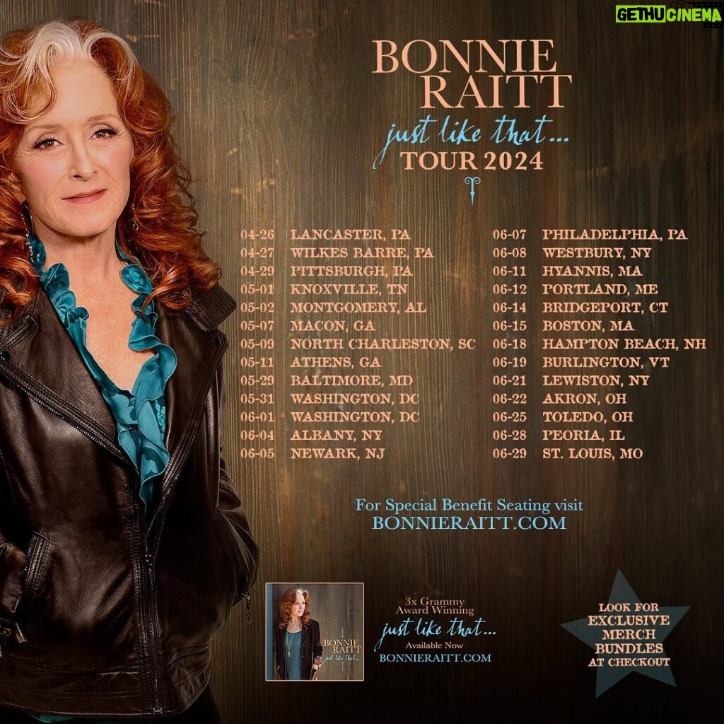Bonnie Raitt Instagram - FAN PRESALES start at 10am local time today for Bonnie’s Spring 2024 U.S. Tour! To participate in the Fan Presales and Special Benefit Seat sales, please log in or register for Bonnie’s FREE Fan Community and head to the tour page! https://www.bonnieraitt.com/members/ Look for the *new* option to add a VIP Merch bundle at checkout when purchasing tickets! If you notice that Special Benefit Seats are NOT available for the show you are interested in attending, please note that a batch of limited tickets with a charitable component (called Seats for Change) will be made available during the general on-sale starting Friday, Oct 27th.