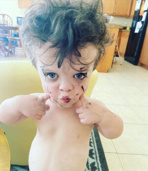 Briana Renee Instagram - When he’s too quiet, and then walks out of our bedroom.. today he’s going with the look of a Parisian mime {inspired by Tangled}, and he’s proud of it 🥰 I love my Maverick so much 👉🏻🎭❤️💛💙 @manning_party_of_5 #freespirit #makeuplover #futureartist #thoseeyes