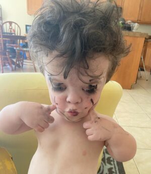 Briana Renee Instagram - When he’s too quiet, and then walks out of our bedroom.. today he’s going with the look of a Parisian mime {inspired by Tangled}, and he’s proud of it 🥰 I love my Maverick so much 👉🏻🎭❤️💛💙 @manning_party_of_5 #freespirit #makeuplover #futureartist #thoseeyes
