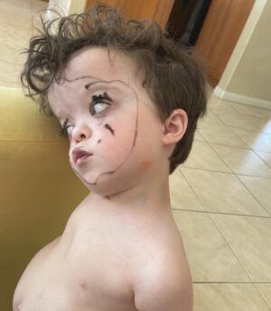 Briana Renee Instagram - When he’s too quiet, and then walks out of our bedroom.. today he’s going with the look of a Parisian mime {inspired by Tangled}, and he’s proud of it 🥰 I love my Maverick so much 👉🏻🎭❤️💛💙 @manning_party_of_5 #freespirit #makeuplover #futureartist #thoseeyes