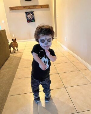 Briana Renee Instagram - Happy Halloween 👻 🎃Skeleton & Wilford Warstache 💀🕺🏻 #trickortreat