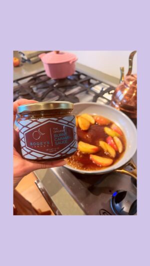 Brianna Brown Instagram - I’ve been cooking more in prep for the wellness course I am co-creating with @julie_delabarre & @ragans_kitchenette. 
⠀⠀⠀⠀⠀⠀⠀⠀⠀
As a fun dessert recipe, I loved making the apple dish recipe my chef friend Dave Merlina sent me, using his burnt caramel sauce! Charlie loved watching his video tutorial too!!! We watched it nearly a dozen times! 🤪
⠀⠀⠀⠀⠀⠀⠀⠀⠀
bogeyslarder.com @bogeyslarder