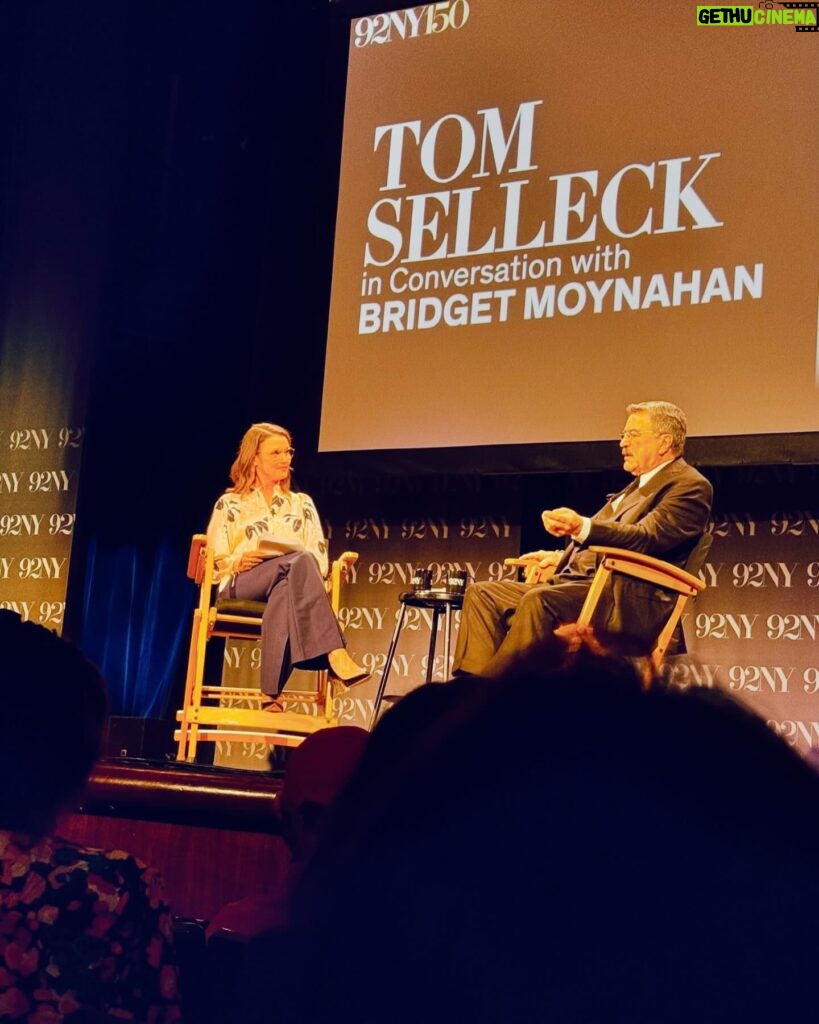 Bridget Moynahan Instagram - A great conversation last night @92ndstreety with the iconic #TomSelleck about his life and journey!  You can find out all about it in his new memoir “You Never Know.” It’s really good!!!! @harpercollins #YouNeverKnowBook Makeup: @makeupbylhp Hair: @josueperezhair