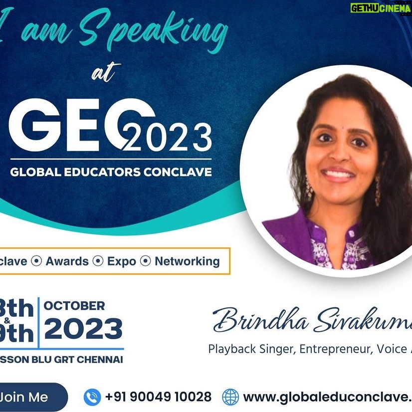 Brindha Sivakumar Instagram - Felt happy and honoured to be a guest speaker at #GEC held @radissongrt.hotels To Talk about the Importance of Extracurricular Enrichment in Education on Oct 28th 😊✨