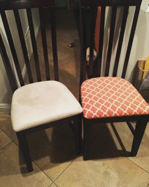 Brooke Leigh Thorne Instagram - Being home so much has made me want to do ALL the projects! I’m nesting hard over here 😂 Finally started this one! I got these chairs on Craig’s List a few years back and while I still like them, they’ve been in dire need of reupholstery. Sam said he liked them, which is the real victory as I’ve made yet another thing in the House orange 😂 Happy Sunday!