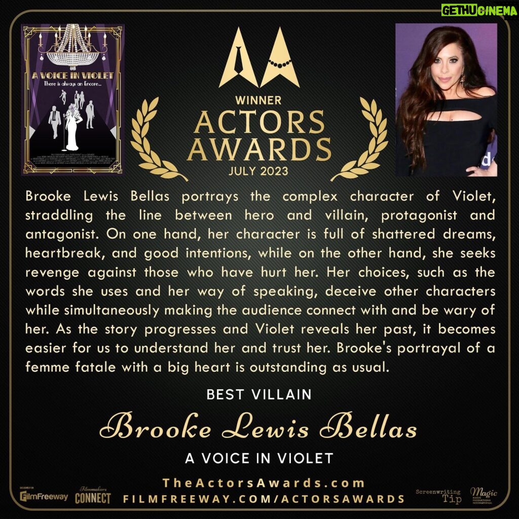 Brooke Lewis Bellas Instagram - ACTORS AWARDS 2023 HONORS BROOKE LEWIS BELLAS WITH THE ‘BEST VILLAIN’ AWARD & A GENEROUS JURY QUOTE I am truly humbled to have been honored with the Actors Awards 2023 @actorsawards #actorsawards ‘Best Villain’ Award #award #bestvillain #villain #juryprize 🏆, but I am even more grateful for the career support & encouragement the Actors Awards’ Board #jury has given to me over many years🙏🎭 They have gone above & beyond again by bringing me back with a nomination & gifting me this incredibly generous banner & quote🙏💜 I cried the other day when I received this, as it was unexpected & personalized but, more importantly, the depth of this quote & #review of my #acting performance & work is all a true #actor could wish for & work for🙏🎭💜🙌 I love the awards & #trophies so much, but in a current world where #art has often become overshadowed by “likes”… “ratings”… “rankings”… “social media videos”… etc., it means so much to me to receive complimentary validation for my acting craft & work I love so very much🙏🎭 I know many of my peers feel the same & I hope to inspire other #artists to follow your hearts & commit to quality work the best you can🙌 With so many challenges in the world today & facing my own debilitating #health challenges the past year plus again, which have not allowed me to act & do what I love💜🎭, these reminder nuggets that show me that I have done some good work in my career, mean the world to me & my creative soul🙏💜🎭🙌 This inspires me more to do what I love & never stop when I get back to my life & career🙏 I wish for you to do the same🙌💜 #brookelewisbellas #phillychickpictures #actress #producer #hollywood #quotes #femmefatale #actors #actorslife #actorsworld #actorslove #actorsgratitude