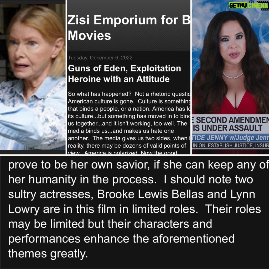 Brooke Lewis Bellas Instagram - ZISI EMPORIUM FOR B MOVIES “GUNS OF EDEN” REVIEW As we #promote our #release of #indie #action #film @officialgregorylamberson @uncorkdent #gunsofeden @gunsofedenmovie 🎥, I am in absolute gratitude to be mentioned in the #media as I was fortunate to act remotely in the cameo role #justicejenny 🎭 & to be an #executiveproducer 🎥 I feel honored to have been mentioned in the always supportive, positive, & generous @cjzisi #zisiemporiumforbmovies #review & to be listed with #genre #icon @lowry_lynn who I have been in admiration of for years & who gives a powerful performance in “Guns Of Eden”⭐️ This complimentary #quote means so much to me… “I should note two sultry actresses, Brooke Lewis Bellas and Lynn Lowry are in this film in limited roles. Their roles may be limited but their characters and performances enhance the aforementioned themes greatly.” I love this #sultry reference, as it means #passion 🙌 I feel grateful to be noted with Lynn Lowry in a #movie directed by Greg Lamberson, as we are all veterans who work with undying passion in an industry that has drastically changed over the years🎥 It takes a ton of passion, commitment, & tenacity to sustain in an industry that can be quite challenging🙌 So, I am truly grateful to work with these veterans who continue to #believeinme & invite me to play in their #filmmaker playground, especially through a pandemic & my personal chronic health issues🙏 Thank you @digitalcos for my Justice Jenny👩‍⚖️ screenshots❤️ Congrats, again, to the entire cast & crew!🍾🥂 #watch @amazonprime @appletv @redbox @vudufans @tubi & more!📺❤️ #brookelewisbellas #actress #screamqueens #actionfilm #genrefilm #bmovies #supportindiefilm #hollywood #newyork #buffalo 🎥❤️