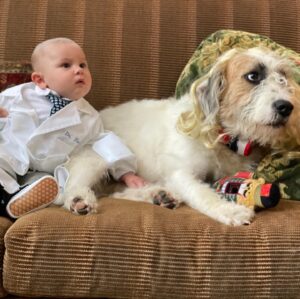 Candice Bergen Instagram - Practicing for Halloween. Artie is going as Dr Fauci and Lloyd is his colleague, Dr Deborah Barks who is having some trouble with her hair. Chloe actually ordered a lab coat with Dr Fauci embroidered on it with a tiny tie and wire-rimmed glasses.