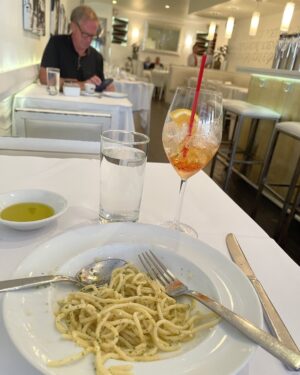 Candice Bergen Instagram - Caccio e Pepe for a last minute snack with an Aperol Spritz, the drink du hour.