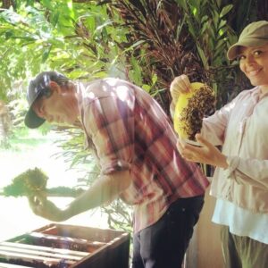 Carmen Ejogo Instagram - Learning about Feral #honeybees on the most isolated land mass on the planet. Trying to act calm so I don’t get stung. Ryan from @kauaibeeteam already stung three times. This swarm is feeling good so they leave me alone 🐝

#savethebees #savetheplanet #pollinators #pure #propolis #honey #beeswax