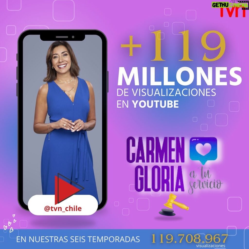 Carmen Gloria Arroyo Instagram - 🤩💻 Nos llena de felicidad contarles que nuestro programa @carmengloriatvn ha alcanzado las 120 millones de visualizaciones en YouTube. 👩‍⚖️ Hemos llegado a diferentes países, continentes y culturas con nuestro programa, lo que refuerza nuestra comprensión y compromiso con nuestro rol social. 🫂🥰¡Agradecemos sinceramente cada una de sus reproducciones! 📺 Estamos de lunes a viernes a las 18hrs por @tvn y en todas nuestras plataforma. Fuente: Estadísticas de visualizaciones en las listas de reproducción de CGATS desde 2018 hasta la fecha en el canal de YouTube @TVN_CHILE