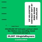 Carol Vorderman Instagram – How many Angela Rayner Units in a Tory?
One Angela Rayner unit relates to what the Tories claim she may owe in Capital Gains Tax on a house she bought in 2007. Her legal and tax advisers say she doesn’t.  That hasn’t stopped the Tory press banging on about it tho.

With Tory hypocrisy reaching explosive levels, I thought it would be a good exercise to see how this claim of theirs relates to just some of their waste, fines and dodgy dealings. 

£7,897 Boris Johnson booze bill for his Brexit party Jan 31st 2020
5 #AngelaRayners

£15,000 Liz Truss in-flight catering on one private jet single trip to Australia 
10 #AngelaRayners 

£34,000 Libel Bill – Michelle Donelan got us to pay after she libelled an academic 
23 #AngelaRayners

£61,000 fine for Vote Leave breaking Electoral Law. MD Matthew Elliott given a peerage 
41 #AngelaRayners

£67,801 illegal donation (broke Electoral Law) for Boris Johnson’s flat refurbishment
45 #AngelaRayners

£334,803 spent by Foreign Office in 2021 on alcohol alone 
223 #AngelaRayners 

£370,000 paid out for Priti Patel bullying Philip Rutnam. She bullied. We paid.
247 #AngelaRayners 

£993,086 severance payouts to Tory ministers during Johnson/Truss debacle 
Some had only been in office a matter of days or weeks but were due taxpayer funded payouts anyway 
662 #AngelaRayners 

£2,000,000 for 8 by-elections caused by Tories bad behaviour/quit under Rishi Sunak 
1,333 #AngelaRayners

£40,000,000 VIP helicopter contract which Ben Wallace was cancelling. Sunak intervened and kept it 
26,667 #AngelaRayners

£65 million PPE estimated profit for Michelle Mone and husband under investigation by the National Crime Agency 
43,333 #AngelaRayners 

£4 BILLION wasted on unusable  PPE 
2,666,667 #AngelaRayners 

@carolvorders (all numbers rounded)