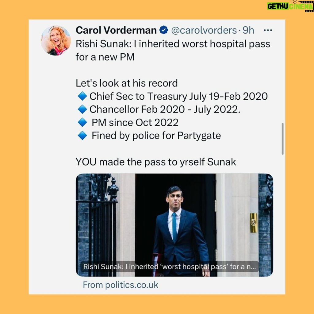 Carol Vorderman Instagram - JUST ONE DAY IN THE SEWAGE OF TORY LAND 🔹Sunak’s new Honours list gives awards to Tories unsurprisingly including a Knighthood to a man who’s given £5m to the Tory party. Often a major Tory donor is given a peerage and goes straight into the House of Lords. Only a knighthood this time, must be the effect of inflation? 🔹Tories have been attempting to smear Angela Rayner after a book written by Michael Ashcroft alleged she may have avoided tax on sale of her council house which she bought in 2007. She says all is above board. 🔹Rayner was a teenage Mum (and she’s a good Mum). She later married and they had a baby boy born prematurely at 23 weeks. He spent 8 months in hospital and is registered blind. 🔹Tory newspapers have published his records and birth certificate 😡 🔹I’ve been keen to point out the scale of Tory hypocrisy. Daily Mail is owned ultimately by the Rothermere family through an offshore organisation. 🔹The man who wrote the book Michael Ashcroft is a major Tory donor based offshore. He was put into the House of Lords in spite of this and the Cabinet Office said he was to have become a UK citizen for tax. It didn’t happen. His interests remained offshore.He resigned from the Lords in 2015 🔹Ashcroft was also “Sexist Shaun” Bailey’s biggest donor in his failed attempt to become London Mayor 🔹Tory donors who have given the party £21 million own UK properties through 150 offshore companies 🔹ANDREA JENKYNS, made a Dame by Boris Johnson last year (the woman in the yellow dress giving the middle finger to protesters outside Downing St) was accusing Angela Rayner of lack of transparency. 🔹I pointed out Jenkyns’ lack of transparency as a Director of the Tufton St company Net Zero Watch which does not reveal its funding sources. Dark money eh? 🔹Jenkyns didn’t answer my question and just slung yet another petty personal insult at me about selfies. God these right wingers are dull and predictable aren’t they? 🔹Thames Water says it’s run out of money and will put up customers’ bills by up to 40%. My prediction is that other water companies may follow suit YES. JUST ONE DAY IN TORY LAND. Vote Tory for more of the same or join us at STOPTHETORIES.vote