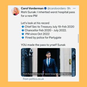Carol Vorderman Instagram - JUST ONE DAY IN THE SEWAGE OF TORY LAND 

🔹Sunak’s new Honours list gives awards to Tories unsurprisingly including a Knighthood to a man who’s given £5m to the Tory party. Often a major Tory donor is given a peerage and goes straight into the House of Lords. Only a knighthood this time, must be the effect of inflation?
🔹Tories have been attempting to smear Angela Rayner after a book written by Michael Ashcroft alleged she may have avoided tax on sale of her council house which she bought in 2007. She says all is above board.
🔹Rayner was a teenage Mum (and she’s a good Mum). She later married and they had a baby boy born prematurely at 23 weeks. He spent 8 months in hospital and is registered blind. 🔹Tory newspapers have published his records and birth certificate 😡
🔹I’ve been keen to point out the scale of Tory hypocrisy. Daily Mail is owned ultimately by the Rothermere family through an offshore organisation.
🔹The man who wrote the book Michael Ashcroft is a major Tory donor based offshore. He was put into the House of Lords in spite of this and the Cabinet Office said he was to have become a UK citizen for tax. It didn’t happen. His interests remained offshore.He resigned from the Lords in 2015
🔹Ashcroft was also “Sexist Shaun” Bailey’s biggest donor in his failed attempt to become London Mayor
🔹Tory donors who have given the party £21 million own UK properties through 150 offshore companies
🔹ANDREA JENKYNS, made a Dame by Boris Johnson last year (the woman in the yellow dress giving the middle finger to protesters outside Downing St) was accusing Angela Rayner of lack of transparency.
🔹I pointed out Jenkyns’ lack of transparency as a Director of the Tufton St company Net Zero Watch which does not reveal its funding sources. Dark money eh?
🔹Jenkyns didn’t answer my question and just slung yet another petty personal insult at me about selfies. God these right wingers are dull and predictable aren’t they? 
🔹Thames Water says it’s run out of money and will put up customers’ bills by up to 40%. My prediction is that other water companies may follow suit

YES. JUST ONE DAY IN TORY LAND. Vote Tory for more of the same or join us at STOPTHETORIES.vote