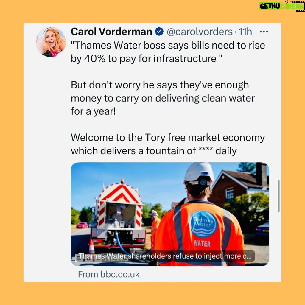 Carol Vorderman Instagram - JUST ONE DAY IN THE SEWAGE OF TORY LAND 🔹Sunak’s new Honours list gives awards to Tories unsurprisingly including a Knighthood to a man who’s given £5m to the Tory party. Often a major Tory donor is given a peerage and goes straight into the House of Lords. Only a knighthood this time, must be the effect of inflation? 🔹Tories have been attempting to smear Angela Rayner after a book written by Michael Ashcroft alleged she may have avoided tax on sale of her council house which she bought in 2007. She says all is above board. 🔹Rayner was a teenage Mum (and she’s a good Mum). She later married and they had a baby boy born prematurely at 23 weeks. He spent 8 months in hospital and is registered blind. 🔹Tory newspapers have published his records and birth certificate 😡 🔹I’ve been keen to point out the scale of Tory hypocrisy. Daily Mail is owned ultimately by the Rothermere family through an offshore organisation. 🔹The man who wrote the book Michael Ashcroft is a major Tory donor based offshore. He was put into the House of Lords in spite of this and the Cabinet Office said he was to have become a UK citizen for tax. It didn’t happen. His interests remained offshore.He resigned from the Lords in 2015 🔹Ashcroft was also “Sexist Shaun” Bailey’s biggest donor in his failed attempt to become London Mayor 🔹Tory donors who have given the party £21 million own UK properties through 150 offshore companies 🔹ANDREA JENKYNS, made a Dame by Boris Johnson last year (the woman in the yellow dress giving the middle finger to protesters outside Downing St) was accusing Angela Rayner of lack of transparency. 🔹I pointed out Jenkyns’ lack of transparency as a Director of the Tufton St company Net Zero Watch which does not reveal its funding sources. Dark money eh? 🔹Jenkyns didn’t answer my question and just slung yet another petty personal insult at me about selfies. God these right wingers are dull and predictable aren’t they? 🔹Thames Water says it’s run out of money and will put up customers’ bills by up to 40%. My prediction is that other water companies may follow suit YES. JUST ONE DAY IN TORY LAND. Vote Tory for more of the same or join us at STOPTHETORIES.vote