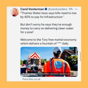Carol Vorderman Instagram - JUST ONE DAY IN THE SEWAGE OF TORY LAND 

🔹Sunak’s new Honours list gives awards to Tories unsurprisingly including a Knighthood to a man who’s given £5m to the Tory party. Often a major Tory donor is given a peerage and goes straight into the House of Lords. Only a knighthood this time, must be the effect of inflation?
🔹Tories have been attempting to smear Angela Rayner after a book written by Michael Ashcroft alleged she may have avoided tax on sale of her council house which she bought in 2007. She says all is above board.
🔹Rayner was a teenage Mum (and she’s a good Mum). She later married and they had a baby boy born prematurely at 23 weeks. He spent 8 months in hospital and is registered blind. 🔹Tory newspapers have published his records and birth certificate 😡
🔹I’ve been keen to point out the scale of Tory hypocrisy. Daily Mail is owned ultimately by the Rothermere family through an offshore organisation.
🔹The man who wrote the book Michael Ashcroft is a major Tory donor based offshore. He was put into the House of Lords in spite of this and the Cabinet Office said he was to have become a UK citizen for tax. It didn’t happen. His interests remained offshore.He resigned from the Lords in 2015
🔹Ashcroft was also “Sexist Shaun” Bailey’s biggest donor in his failed attempt to become London Mayor
🔹Tory donors who have given the party £21 million own UK properties through 150 offshore companies
🔹ANDREA JENKYNS, made a Dame by Boris Johnson last year (the woman in the yellow dress giving the middle finger to protesters outside Downing St) was accusing Angela Rayner of lack of transparency.
🔹I pointed out Jenkyns’ lack of transparency as a Director of the Tufton St company Net Zero Watch which does not reveal its funding sources. Dark money eh?
🔹Jenkyns didn’t answer my question and just slung yet another petty personal insult at me about selfies. God these right wingers are dull and predictable aren’t they? 
🔹Thames Water says it’s run out of money and will put up customers’ bills by up to 40%. My prediction is that other water companies may follow suit

YES. JUST ONE DAY IN TORY LAND. Vote Tory for more of the same or join us at STOPTHETORIES.vote