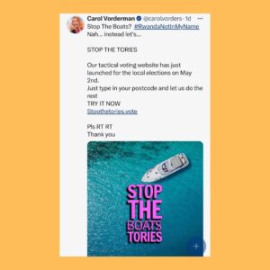 Carol Vorderman Instagram - A FEW DAYS IN THE TORY SEWER

Frank Hester’s company has received £400 million in govt IT contracts and has donated £15 million to the Tory party.  Last month it was revealed Hester said of Labour MP Diane Abbott that “she makes me want to hate all black women” and “she should be shot”. It’s now been revealed the Tories rewarded Hester with another contract for £4.4 million days later, even though the NHS England boss described his comments as “racist, sexist and violent”.

Grant Shapps Defence Secretary has said that Tories will find more than £20 billion of money by cutting civil servants and replacing them with IT.  So more contracts for Sunak’s family firm Infosys, the Post Office scandal company Fujitsu (Infosys and Fujitsu have a partnership) and for Frank Hester I guess?

Rishi Sunak forces through the disgraceful Rwanda Bill costing us £500 million to send 200 refugees to Rwanda and then we will receive a similar number of people seeking asylum FROM Rwanda to the UK.  Who’s profiting from all of this?  The morning after the Bill was passed, Sunak tweets a ‘Happy St George’s Day’ message minutes after the report of 5 refugees, including a child, drowning in the Channel.  Maybe just bad timing but ….

By the way, Ben Habib, deputy leader of the Reform UK Ltd Party tells Talk TV that he would leave refugees to drown rather than save them if a boat capsized in the Channel. Not a whiff of his comments in the Daily Mail or Express or Telegraph or BBC so far.

SIGN UP with us now for tactical voting advice. Type in your postcode with us at 
STOP THE TORIES. VOTE

Tory researcher close to the Security Minister is charged with spying for China… 

Ben Houchen, the Tory Teesside Mayor is up for election on May 2nd.  Local entrepreneur and Middlesborough FC Chairman Steve Gibson who had supported Houchen in the past says that Houchen has ‘sold the future of generations’ when Houchen’s appalling deal for Teesworks and Freeport gifted £500 million to two businessmen. Gibson now supports Labour.  If Houchen loses (polls say neck and neck with Labour) that could mean the end of Sunak.