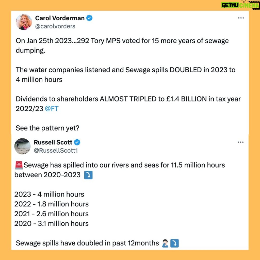 Carol Vorderman Instagram - TWITTER ROUND UP SO FAR THIS WEEK The sewage from this govt keeps on spewing out in all forms. On Jan 25th 2023...292 Tory MPS voted for 15 more years of sewage dumping. The water companies listened and Sewage spills DOUBLED in 2023 to 4 million hours Dividends to shareholders ALMOST TRIPLED to £1.4 BILLION in tax year 2022/23 Here’s the list of Conservative MPs who voted for 15 more years of sewage dumping.....check to see if yours is on the list and let them know by social media Yesterday, it was announced that the bottom of the barrel of Tory MPs (it’s a low bar) Jonathan Gullis has been appointed as a Deputy Chairmen of the Tory Party, to replace the suspended 30p Lee Anderson - who then defected to the far right Reform Party (which is in fact a limited company with Nigel Farage retaining the position of ‘person of significant control’ - check it out on Companies House website). Other horrors from the Tories this week (and it’s only Wednesday) include two ministers resigning for unspecified reasons - some story will eventually be revealed! Tory Teesside Mayor Ben Houchen trying to distance himself from the National Tory Party before the local elections on May 2nd. Houchen was put into the House of Lords by Boris Johnson and has handed 90% of the Teesside Freeport ownership to 2 private businessmen. Up to now over £500 million of taxpayers assets and cash has been put into the dubious project and the businessmen have reportedly drawn over £100 million out so far in profit!! The Tory dregs are still attempting to drag Angela Rayner through the mud about a council house she owned many years before she even became an MP. Rayner was a teenage Mum and later when married she had a premature baby son at 23 weeks who spent 8 months in intensive care and is registered blind. She and her husband decided to keep two separate properties at that time. Tory Andrea Jenkyns who is part of the Tufton St set and director of a company which does not disclose its funding, called Rayner a hypocrite, so I’ve pointed out Jenkyns’ hypocrisy. She’s the one who put her middle finger up to protesters outside Downing St!!! This government is the very worst.