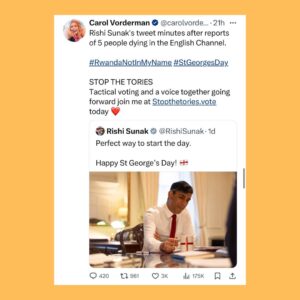 Carol Vorderman Instagram - A FEW DAYS IN THE TORY SEWER

Frank Hester’s company has received £400 million in govt IT contracts and has donated £15 million to the Tory party.  Last month it was revealed Hester said of Labour MP Diane Abbott that “she makes me want to hate all black women” and “she should be shot”. It’s now been revealed the Tories rewarded Hester with another contract for £4.4 million days later, even though the NHS England boss described his comments as “racist, sexist and violent”.

Grant Shapps Defence Secretary has said that Tories will find more than £20 billion of money by cutting civil servants and replacing them with IT.  So more contracts for Sunak’s family firm Infosys, the Post Office scandal company Fujitsu (Infosys and Fujitsu have a partnership) and for Frank Hester I guess?

Rishi Sunak forces through the disgraceful Rwanda Bill costing us £500 million to send 200 refugees to Rwanda and then we will receive a similar number of people seeking asylum FROM Rwanda to the UK.  Who’s profiting from all of this?  The morning after the Bill was passed, Sunak tweets a ‘Happy St George’s Day’ message minutes after the report of 5 refugees, including a child, drowning in the Channel.  Maybe just bad timing but ….

By the way, Ben Habib, deputy leader of the Reform UK Ltd Party tells Talk TV that he would leave refugees to drown rather than save them if a boat capsized in the Channel. Not a whiff of his comments in the Daily Mail or Express or Telegraph or BBC so far.

SIGN UP with us now for tactical voting advice. Type in your postcode with us at 
STOP THE TORIES. VOTE

Tory researcher close to the Security Minister is charged with spying for China… 

Ben Houchen, the Tory Teesside Mayor is up for election on May 2nd.  Local entrepreneur and Middlesborough FC Chairman Steve Gibson who had supported Houchen in the past says that Houchen has ‘sold the future of generations’ when Houchen’s appalling deal for Teesworks and Freeport gifted £500 million to two businessmen. Gibson now supports Labour.  If Houchen loses (polls say neck and neck with Labour) that could mean the end of Sunak.