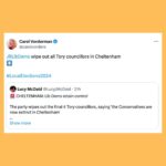 Carol Vorderman Instagram - LOCAL ELECTION RESULTS Tories have had their WORST election RESULTS for decades. They’ve lost 468 seats so far (some results still to be announced) - almost half of the council seats they were defending. Liberal Democrats for the first time in history have won more seats than the Tories in local elections. Tactical Voting helped to push the Tories to this cataclysmic result. This government defending the result - OF COURSE THEY ARE. Tory Minister Mel Stride said on BBC Politics Live on Friday that the problem is having a ‘volatile electorate’. Volatile? It’s our fault according to the Tories. They are now in such a head space of entitlement and superiority it’s as though we, the voters, the taxpayers, are just a pain in the neck who shouldn’t really be allowed to have their say. Well here you go, you Tory cowards. CALL A GENERAL ELECTION AND WE’LL SHOW YOU JUST HOW BL**DY VOLATILE WE ARE Ps we’re analysing our stopthetories.vote data and importantly, we know that we had more people visiting our site in certain seats which swapped from Conservative to Labour or Green or Lib Dem than the numbers the new councillors won their seats by…. More news of this incoming. WE STOPPED THE TORIES….. XXXXX LOVE YOU