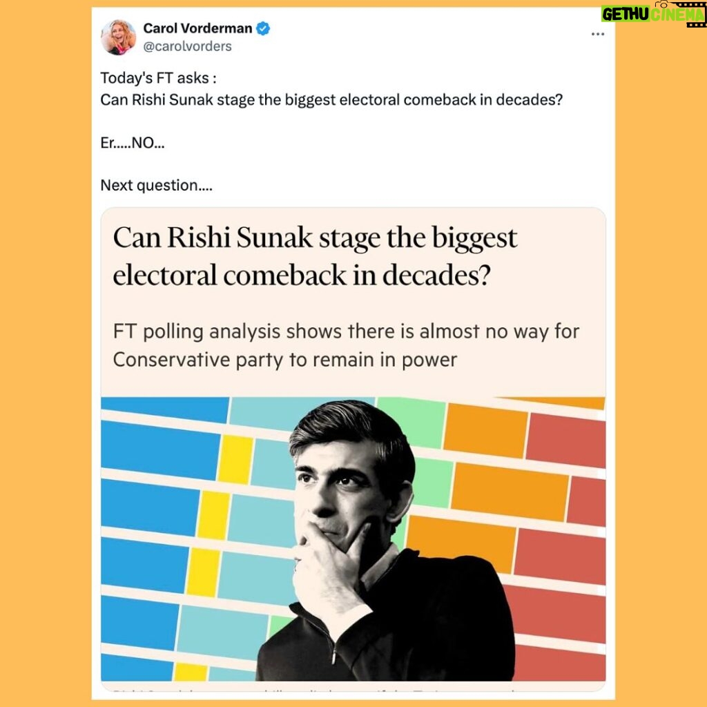 Carol Vorderman Instagram - TWITTER ROUND UP 👍🏼 The latest You Gov poll was another nightmare for the Tories. Marvellous The FT asked “Can Rishi Sunak could stage the biggest electoral comeback in decades?” The answer was an obvious NO, next question. In the critically important debate about leaving the European Convention on Human Rights ECHR brought in after World War Two to protect us all from fascism. No wonder the Tories want to do away with it. They use their distraction of ’Stop The Boats’ when really it’s about destroying our employment rights and justice. The More In Common electoral research company found that the vast majority of UK wants to stay within the ECHR’s protective cloak, thank God. According to a Tory gossip site, Sunak’s wife has been saying that she wants an early election so the Sunaks can move to California asap. I suspect the private jet has already been booked! Reform UK Ltd (a company with majority shareholder Nigel Farage, not set up like other political parties at all) has removed 2 of its election candidates after allegations of racism. Some Reform members are racist? Are you as “not-shocked” as me? Tory MP (& Boris Johnson lookalike Lord help us) Michael Fabricant has apologised to Dale Vince after making false allegations about him, quoting the appalling Tory gossip site (yes there are more than one) Guido Fawkes. It’ll be interesting to see how many more apologies are forthcoming in the coming days. April 30th - new Brexit import charges begin. Importers of food and plants are describing it as a Tory “bag of a fag packet plan”. Conservative party plans to sell their members’ data discovered. Honestly, I think they’d sell their grandmothers….. @LedByDonkeys new film showing Foreign Secretary David Cameron saying ‘he can’t recall’ the legal advice he’s received about the UK arming Israel, while it bombs civilians in Gaza. So either he’s a sh*t Foreign Secretary or he’s telling fibs… or of course both could be true!!! It’s up to all of us to do away with this bunch of morally bankrupt charlatans so that there will be no way they can hold power again. And we can do it