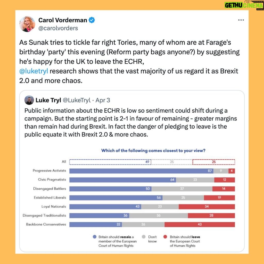 Carol Vorderman Instagram - TWITTER ROUND UP 👍🏼 The latest You Gov poll was another nightmare for the Tories. Marvellous The FT asked “Can Rishi Sunak could stage the biggest electoral comeback in decades?” The answer was an obvious NO, next question. In the critically important debate about leaving the European Convention on Human Rights ECHR brought in after World War Two to protect us all from fascism. No wonder the Tories want to do away with it. They use their distraction of ’Stop The Boats’ when really it’s about destroying our employment rights and justice. The More In Common electoral research company found that the vast majority of UK wants to stay within the ECHR’s protective cloak, thank God. According to a Tory gossip site, Sunak’s wife has been saying that she wants an early election so the Sunaks can move to California asap. I suspect the private jet has already been booked! Reform UK Ltd (a company with majority shareholder Nigel Farage, not set up like other political parties at all) has removed 2 of its election candidates after allegations of racism. Some Reform members are racist? Are you as “not-shocked” as me? Tory MP (& Boris Johnson lookalike Lord help us) Michael Fabricant has apologised to Dale Vince after making false allegations about him, quoting the appalling Tory gossip site (yes there are more than one) Guido Fawkes. It’ll be interesting to see how many more apologies are forthcoming in the coming days. April 30th - new Brexit import charges begin. Importers of food and plants are describing it as a Tory “bag of a fag packet plan”. Conservative party plans to sell their members’ data discovered. Honestly, I think they’d sell their grandmothers….. @LedByDonkeys new film showing Foreign Secretary David Cameron saying ‘he can’t recall’ the legal advice he’s received about the UK arming Israel, while it bombs civilians in Gaza. So either he’s a sh*t Foreign Secretary or he’s telling fibs… or of course both could be true!!! It’s up to all of us to do away with this bunch of morally bankrupt charlatans so that there will be no way they can hold power again. And we can do it