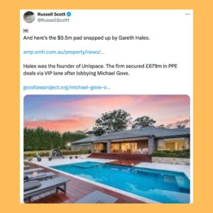 Carol Vorderman Instagram - HOUSES BOUGHT AFTER PPE AND COVID PROFIT

As the Tories and their papers continue to bang on about whether or not Angela Rayner owes £1,500 Capital Gains Tax on a council house she bought in 2007.  James Daly MP has also reported her to the police on allegations he then refuses to name.  Pathetic. 

Russell Scott, an excellent investigative journalist who often works with @goodlawproject took a stroll through the PPE Avenue of houses bought with Covid profits. Let’s look at just some of those properties bought by execs and others who benefited hugely from enormous PPE deals during the pandemic

Pic 2 £7.25 million stately home bought in July 2020 by Zoe Ley who made £20 million profit for brokering a contract alongside a former Tory MP Brooks Newmark

Pic 3 £1.5 million pad bought by Tory donor and former Tory councillor Steve Dechan after he secured a £200  million contract for PPE

Pic 4  The $9.5 million pad bought by Gareth Hales, the founder of Unispace which secured £679 million in PPE deals via the VIP Lane after contacting Michael Gove

Pic 5  The £30 million Caribbean villa bought by owners of the PPE Suppliers Full Support Healthcare after receiving over £1 billion of PPE contracts.

Pic 6  Russell Scott comments

Pic 7  Execs in an American firm which benefited from UK govt Covid deals.  Two new Gulfstream jets bought and two multi million dollar homes.  When the estate agents asked for proof they could buy the homes, one of the execs handed over a bank statement showing a $128 million deposit into the company’s account from the UK government.

Pic 8  The Covid tests supplied but the American firm were then questioned for accuracy.

Pic 9  Exec who supplied unusable PPE bought two mansions

Pic 10.  Chemical Intelligence Ltd had two employees and two years of losses when it landed £126 million contract for PPE.  @opendemocracy found that £27 million of it was deemed ’not fit for use’ by the NHS.  The company’s fortunes were turned around and declared £33 million profit in September 2020.
