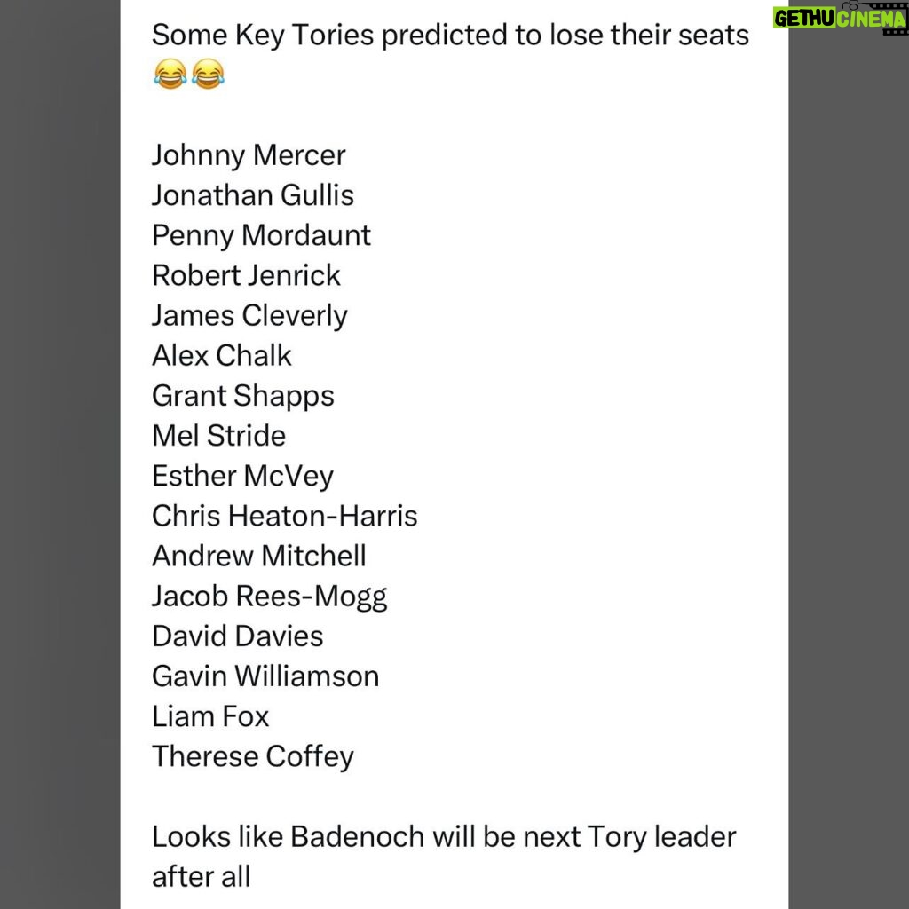 Carol Vorderman Instagram - BREAKING....TORY WIPEOUT....FROM SUNDAY TIMES Happy Easter 🐣 A new and huge Poll predicts the Tories will have JUST 98 SEATS after the GE. They currently have around 360 seats...so would lose around 260 MPS!!! Marvellous 👍🏼👍🏼 In @thetimes the new MRP poll (MRP is the most accurate form of polling) from @BestForBritain gives Labour 468 seats and @Conservatives just 98 😂😂 I’ve said for a year that we’re targeting Tories getting 70 seats or less when we include TACTICAL VOTING Stopthetories.vote....a year ago arrogant Tories tried to ridicule me for saying it.....who's laughing now? Things are looking good for all of us 👍🏼 And so bad for them....oooooffffff 👍🏼 Some Key Tories predicted to lose their seats 😂😂 Johnny Mercer Jonathan Gullis Penny Mordaunt Robert Jenrick James Cleverly Alex Chalk Grant Shapps Mel Stride Esther McVey Chris Heaton-Harris Andrew Mitchell Jacob Rees-Mogg David Davies Gavin Williamson Liam Fox Therese Coffey Looks like Badenoch will be next Tory leader after all Please join us at Stopthetories.vote for tactical voting....will be active within weeks for the local elections too 👍🏼