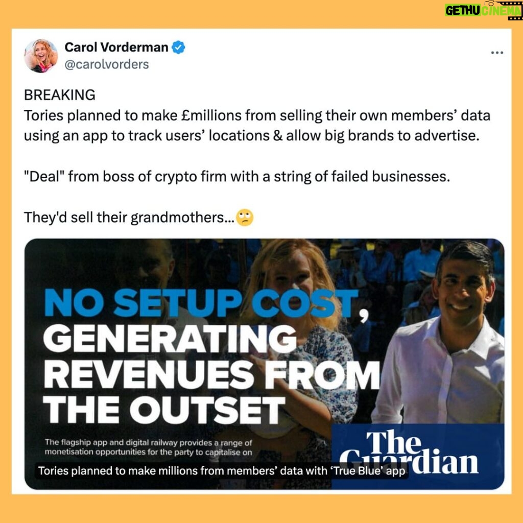 Carol Vorderman Instagram - TWITTER ROUND UP 👍🏼 The latest You Gov poll was another nightmare for the Tories. Marvellous The FT asked “Can Rishi Sunak could stage the biggest electoral comeback in decades?” The answer was an obvious NO, next question. In the critically important debate about leaving the European Convention on Human Rights ECHR brought in after World War Two to protect us all from fascism. No wonder the Tories want to do away with it. They use their distraction of ’Stop The Boats’ when really it’s about destroying our employment rights and justice. The More In Common electoral research company found that the vast majority of UK wants to stay within the ECHR’s protective cloak, thank God. According to a Tory gossip site, Sunak’s wife has been saying that she wants an early election so the Sunaks can move to California asap. I suspect the private jet has already been booked! Reform UK Ltd (a company with majority shareholder Nigel Farage, not set up like other political parties at all) has removed 2 of its election candidates after allegations of racism. Some Reform members are racist? Are you as “not-shocked” as me? Tory MP (& Boris Johnson lookalike Lord help us) Michael Fabricant has apologised to Dale Vince after making false allegations about him, quoting the appalling Tory gossip site (yes there are more than one) Guido Fawkes. It’ll be interesting to see how many more apologies are forthcoming in the coming days. April 30th - new Brexit import charges begin. Importers of food and plants are describing it as a Tory “bag of a fag packet plan”. Conservative party plans to sell their members’ data discovered. Honestly, I think they’d sell their grandmothers….. @LedByDonkeys new film showing Foreign Secretary David Cameron saying ‘he can’t recall’ the legal advice he’s received about the UK arming Israel, while it bombs civilians in Gaza. So either he’s a sh*t Foreign Secretary or he’s telling fibs… or of course both could be true!!! It’s up to all of us to do away with this bunch of morally bankrupt charlatans so that there will be no way they can hold power again. And we can do it