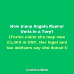 Carol Vorderman Instagram – How many Angela Rayner Units in a Tory?
One Angela Rayner unit relates to what the Tories claim she may owe in Capital Gains Tax on a house she bought in 2007. Her legal and tax advisers say she doesn’t.  That hasn’t stopped the Tory press banging on about it tho.

With Tory hypocrisy reaching explosive levels, I thought it would be a good exercise to see how this claim of theirs relates to just some of their waste, fines and dodgy dealings. 

£7,897 Boris Johnson booze bill for his Brexit party Jan 31st 2020
5 #AngelaRayners

£15,000 Liz Truss in-flight catering on one private jet single trip to Australia 
10 #AngelaRayners 

£34,000 Libel Bill – Michelle Donelan got us to pay after she libelled an academic 
23 #AngelaRayners

£61,000 fine for Vote Leave breaking Electoral Law. MD Matthew Elliott given a peerage 
41 #AngelaRayners

£67,801 illegal donation (broke Electoral Law) for Boris Johnson’s flat refurbishment
45 #AngelaRayners

£334,803 spent by Foreign Office in 2021 on alcohol alone 
223 #AngelaRayners 

£370,000 paid out for Priti Patel bullying Philip Rutnam. She bullied. We paid.
247 #AngelaRayners 

£993,086 severance payouts to Tory ministers during Johnson/Truss debacle 
Some had only been in office a matter of days or weeks but were due taxpayer funded payouts anyway 
662 #AngelaRayners 

£2,000,000 for 8 by-elections caused by Tories bad behaviour/quit under Rishi Sunak 
1,333 #AngelaRayners

£40,000,000 VIP helicopter contract which Ben Wallace was cancelling. Sunak intervened and kept it 
26,667 #AngelaRayners

£65 million PPE estimated profit for Michelle Mone and husband under investigation by the National Crime Agency 
43,333 #AngelaRayners 

£4 BILLION wasted on unusable  PPE 
2,666,667 #AngelaRayners 

@carolvorders (all numbers rounded)