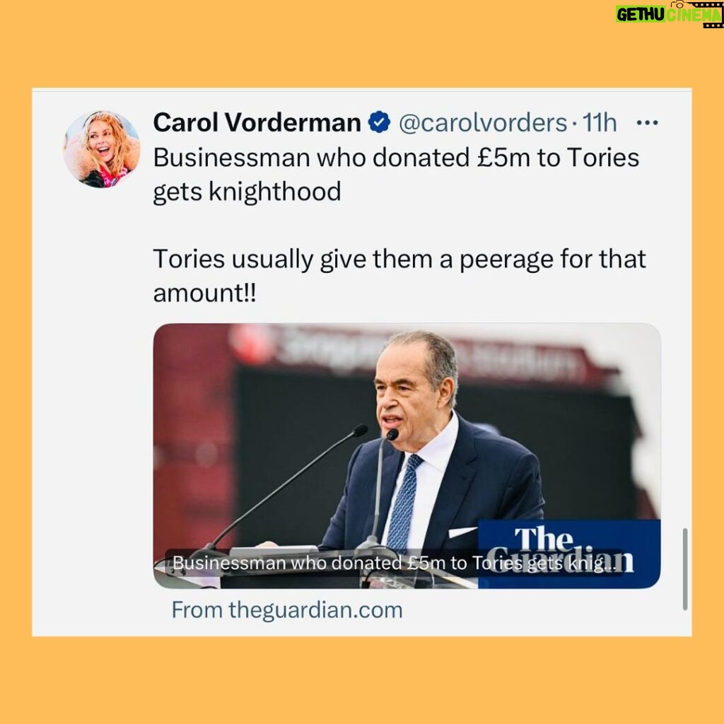 Carol Vorderman Instagram - JUST ONE DAY IN THE SEWAGE OF TORY LAND 🔹Sunak’s new Honours list gives awards to Tories unsurprisingly including a Knighthood to a man who’s given £5m to the Tory party. Often a major Tory donor is given a peerage and goes straight into the House of Lords. Only a knighthood this time, must be the effect of inflation? 🔹Tories have been attempting to smear Angela Rayner after a book written by Michael Ashcroft alleged she may have avoided tax on sale of her council house which she bought in 2007. She says all is above board. 🔹Rayner was a teenage Mum (and she’s a good Mum). She later married and they had a baby boy born prematurely at 23 weeks. He spent 8 months in hospital and is registered blind. 🔹Tory newspapers have published his records and birth certificate 😡 🔹I’ve been keen to point out the scale of Tory hypocrisy. Daily Mail is owned ultimately by the Rothermere family through an offshore organisation. 🔹The man who wrote the book Michael Ashcroft is a major Tory donor based offshore. He was put into the House of Lords in spite of this and the Cabinet Office said he was to have become a UK citizen for tax. It didn’t happen. His interests remained offshore.He resigned from the Lords in 2015 🔹Ashcroft was also “Sexist Shaun” Bailey’s biggest donor in his failed attempt to become London Mayor 🔹Tory donors who have given the party £21 million own UK properties through 150 offshore companies 🔹ANDREA JENKYNS, made a Dame by Boris Johnson last year (the woman in the yellow dress giving the middle finger to protesters outside Downing St) was accusing Angela Rayner of lack of transparency. 🔹I pointed out Jenkyns’ lack of transparency as a Director of the Tufton St company Net Zero Watch which does not reveal its funding sources. Dark money eh? 🔹Jenkyns didn’t answer my question and just slung yet another petty personal insult at me about selfies. God these right wingers are dull and predictable aren’t they? 🔹Thames Water says it’s run out of money and will put up customers’ bills by up to 40%. My prediction is that other water companies may follow suit YES. JUST ONE DAY IN TORY LAND. Vote Tory for more of the same or join us at STOPTHETORIES.vote