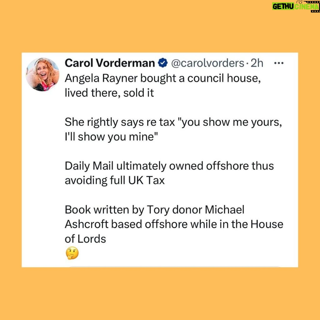 Carol Vorderman Instagram - JUST ONE DAY IN THE SEWAGE OF TORY LAND 🔹Sunak’s new Honours list gives awards to Tories unsurprisingly including a Knighthood to a man who’s given £5m to the Tory party. Often a major Tory donor is given a peerage and goes straight into the House of Lords. Only a knighthood this time, must be the effect of inflation? 🔹Tories have been attempting to smear Angela Rayner after a book written by Michael Ashcroft alleged she may have avoided tax on sale of her council house which she bought in 2007. She says all is above board. 🔹Rayner was a teenage Mum (and she’s a good Mum). She later married and they had a baby boy born prematurely at 23 weeks. He spent 8 months in hospital and is registered blind. 🔹Tory newspapers have published his records and birth certificate 😡 🔹I’ve been keen to point out the scale of Tory hypocrisy. Daily Mail is owned ultimately by the Rothermere family through an offshore organisation. 🔹The man who wrote the book Michael Ashcroft is a major Tory donor based offshore. He was put into the House of Lords in spite of this and the Cabinet Office said he was to have become a UK citizen for tax. It didn’t happen. His interests remained offshore.He resigned from the Lords in 2015 🔹Ashcroft was also “Sexist Shaun” Bailey’s biggest donor in his failed attempt to become London Mayor 🔹Tory donors who have given the party £21 million own UK properties through 150 offshore companies 🔹ANDREA JENKYNS, made a Dame by Boris Johnson last year (the woman in the yellow dress giving the middle finger to protesters outside Downing St) was accusing Angela Rayner of lack of transparency. 🔹I pointed out Jenkyns’ lack of transparency as a Director of the Tufton St company Net Zero Watch which does not reveal its funding sources. Dark money eh? 🔹Jenkyns didn’t answer my question and just slung yet another petty personal insult at me about selfies. God these right wingers are dull and predictable aren’t they? 🔹Thames Water says it’s run out of money and will put up customers’ bills by up to 40%. My prediction is that other water companies may follow suit YES. JUST ONE DAY IN TORY LAND. Vote Tory for more of the same or join us at STOPTHETORIES.vote