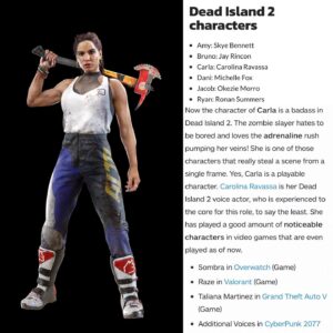 Carolina Ravassa Instagram - Got some fun news!!!
#DeadIsland2 is coming out this Friday, April 21st… and Carla is one of the playable characters ☄️
Go slay some #zombies! Ps. My mom’s name is Carla 
Also, I want her arms 💪🏽 
#voiceactor #videogame #gaming #voiceacting