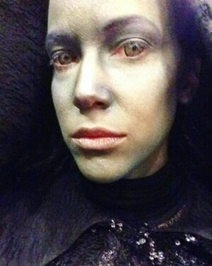 Caroline Ford Instagram - Here's a creepy, grumpy, pouty close up of my awesome make up on Once Upon A Time. Nimue loves a good pout....... 😙 It's the Winter Finale tonight. Gonna be an exciting one! #onceuponatime #nimue #itsnoteasybeinggreen