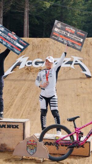 Caroline Buchanan Instagram - 🥉 Couldn’t be more proud of a bronze medal today!!! 
Rode SAV my @trekbikes  onto the podium with a run I am stoked on @crankworx #slopestyle 

Today the ladies made history with the inaugural Women’s Diamond Level Crankworx @fmbworldtour Slopestyle Championship… it’s just the beginning!! 

So much love and respect for this moment in #mountainBiking #slopestyle 

Massive Thankyou to my team and sponsors for helping me this week to achieve 2 podiums! 🤯🥇🥉 

Vid// @jxn_visuals 
#crankworx #makingherstory #mtb #fmbworldtour