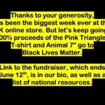 Carrie Brownstein Instagram - From the @sleater_kinney account. Link in SK’s bio and my own:::::Thanks to your generosity, it’s been the biggest week ever at the SK online store, but let’s keep going. 100% of the proceeds of the Pink Triangle T-Shirt and Animal 7” (until now only available at a handful of shows) go to Black Lives Matter. Link to the fundraiser—which ends June 12th—is in our bio, where you can also find a list of national resources for further engagement and participation. Lastly, a list of some people to follow and support here in Portland, Oregon. (We encourage you to check out similar organizations in the cities where you live.) @carenotcopspdx @dontshootpdx @blackfoodnw @poic_rahs @snackblocpdx @official_sei @blackfuturesfarm @mudbonegrown @y.g.b.portland @ions.world @pdxblackexcellence @afhho @pdxblm @kairospdx @bpipdx @ksmoca