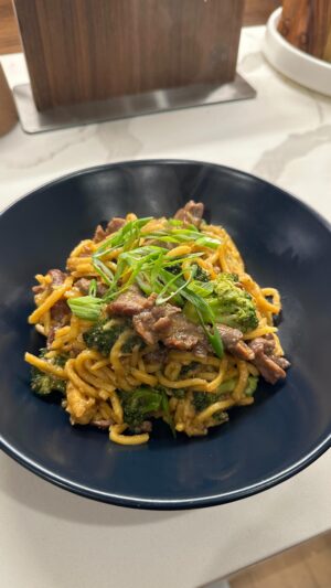 Cassie Yeung Instagram - Beef & broccoli but make it a noodle 🥩🥦

Recipe ⬇️
Beef and broccoli

Marinade
1 Ib flank steak
1 Tbsp Cornstarch
1/2 tsp baking soda
1 Tbsp Oyster sauce
1 tsp soy sauce
1 tsp Oil
1 tsp Ginger & garlic

Sauce
1 1/2 cup chicken/beef broth
2 Tbsp soy sauce
1 Tbsp oyster sauce
1 tsp dark soy sauce
1 tsp sesame oil
2 Tbsp brown sugar
White pepper

To the pan
1 tsp Ginger
1 tsp garlic
Optional 2 Tbsp Shaoxing wine
Cornstarch slurry to thicken
1 lb pack egg noodles

Cut your flank steak against the grain and at an angle to create thin strips. Add ingredients for the marinade to the meat and rest for at least 30 minutes. Meanwhile, prepare your sauce. Heat up a wok or large skillet with some neutral flavored oil and add your meat. Flatten the pieces out and leave them untouched to achieve a nice sear. Once you see the meat cooked around the edges, sauté for another minute. Remove your meat and set aside. Add a bit more oil followed by the remaining ginger & garlic. Add your broccoli, sauté and cover for a minute or until it reaches a bright green color. Add in your sauce and let it come to a boil. Mix equal parts cornstarch & cold water and add to the mixture. Let the sauce start to thicken then add back in your meat. Add in your noodles (mine were pre-boiled but you may need to boil yours first, follow package instructions). Let everything cook together until the sauce coats the meat evenly. Garnish with green onions & sesame seeds and enjoy! 

Garlic & ginger
Deglaze 2 tbsp  Shaoxing wine
Broccoli in saute
Sauce in
Beef back in 

Cornstarch slurry

1 tbsp oyster sauce
1/2 tsp salt
2 tbsp canola oil
1 tbsp cornstarch

1 tbsp light soy
1/2 tbsp dark soy
1 tbsp oyster sauce
1 tbsp brown sugar
1/2 tsp white pepper
1 tsp sesame oil
Chicken bouillon power 
3/4 cup warm chicken stock
Cornstarch slurry