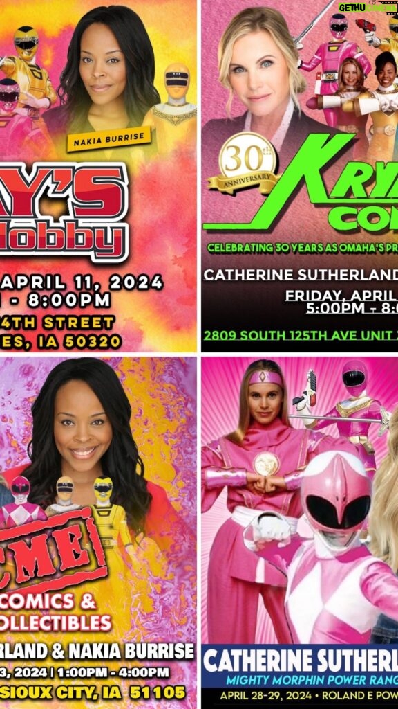 Catherine Sutherland Instagram - Here’s what’s coming up in April! Tour with my bestie @nakiaburrise Thursday April 11th Signing at @jayscdandhobby in Des Moines. IA 5-8pm Friday, April 12th Signing at @krypton.comics in Omaha, NE 5-8pm Saturday, April 13th Signing at @acmefirst in Sioux City, IA 1-4pm @animeoceancity con with my buddy @stevecardenaspr April 28th & 29th at the Roland E Powell convention center in Maryland #catherinesutherland #PinkRanger #Onceandalways #KatherineHillard #Mightymorphinpowerrangers #zeo #Turbo #PinkRangerPower #Pterodactyl #cranezord #powerrangersplayback