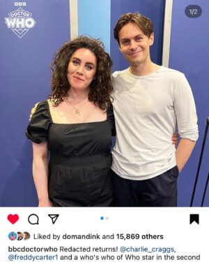 Charlie Craggs Instagram - Do I breath life into @bbcdoctorwho ? yes (according to the guardian) Do I breath life into @freddycarter1 ‘s mouth ? Tune in to Doctor Who Redacted next week to find out 👀 thank you to @junodawson for casting me but more importantly for casting Freddy to play opposite me ❤️🙏 #doctorwho #doctorwhoredacted #freddycarter #halleloo #seriousactress
