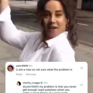 Charlie Craggs Instagram - This week the T in LGBT is for “Three roast potatoes is not acceptable”- My family did NOT survive the potato famine at the hands of the English to be given three (3) ???? potatoes with a pub lunch now we live in England. Is the famine still going hun??? SO offensive @yater9980 #TheTinLgbtIsForTryMeBitch #roastpotatoes #roastdinner #irish #ireland