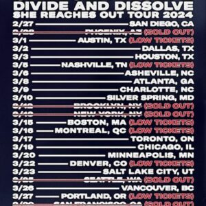 Chelsea Wolfe Instagram - tour is so soon! looking forward to seeing you❤️ low ticket warnings for a few cities 

get your tickets at link in bio 

North America with @divideanddissolve ::

2/27  SAN DIEGO, CA 
2/28  PHOENIX, AZ (SOLD OUT)
3/1  AUSTIN, TX (LOW TICKETS)
3/2  DALLAS, TX
3/3  HOUSTON, TX
3/5  NASHVILLE, TN (LOW TICKETS)
3/6  ASHEVILLE, NC
3/8  ATLANTA, GA
3/9  CHARLOTTE, NC
3/10  SILVER SPRING, MD
3/12  BROOKLYN, NY (SOLD OUT)
3/13  NEW YORK, NY (SOLD OUT)
3/15  BOSTON, MA (LOW TICKETS)
3/16  MONTREAL, QC (LOW TICKETS)
3/17  TORONTO, ON
3/19  CHICAGO, IL
3/20  MINNEAPOLIS, MN
3/22  DENVER, CO (LOW TICKETS)
3/23  SALT LAKE CITY, UT
3/25  SEATTLE, WA (SOLD OUT) 
3/26  VANCOUVER, BC
3/27  PORTLAND, OR (LOW TICKETS) 
3/29  SAN FRANCISCO, CA (SOLD OUT) 
3/30  LOS ANGELES, CA

art by @karmazid 🥚