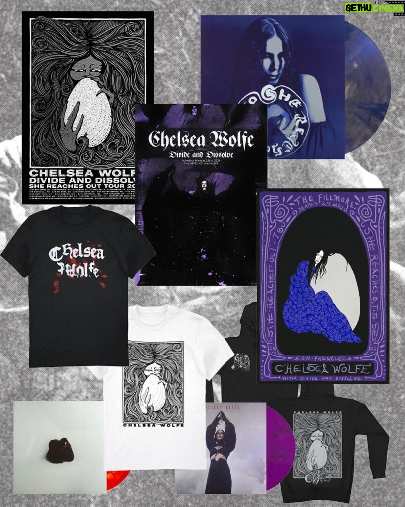Chelsea Wolfe Instagram - hi! tour merch, She Reaches Out vinyl options CDs, posters, Hiss Spun & Birth of Violence re-presses, & more are up in my official @merchtable store. link in bio🖤🖤