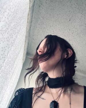 Chelsea Wolfe Instagram - the Murder Barn bathroom just gets me 

also, my first @batshevadress dress ! 
  @bloodmilk guardian necklace 🖤