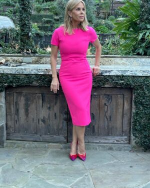 Cheryl Hines Instagram - I'm trying to get a good fit pic, OF COURSEEE Tilly is going to photo bomb me. Talking all things Curb w @kithoover & @mariolopez on Access Hollywood today! W my sweet, sweet JB 
#fitcheck #photobomb #dogmom #accesshollywood 
Hair- @charles_dujic 
Make Up - @patrickdefontbrune 
Dress - @victoriabeckham 
Shoes - @jimmychoo
@accesshollywood