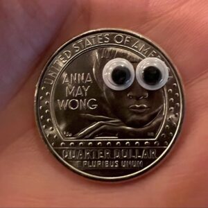China Chow Instagram - Holding this Anna May Wong quarter as I watch the Oscars tonight.
She is considered the very first Chinese-American movie star in Hollywood, as well as the first Asian American to appear on U.S. currency.
I adorned her with googly eyes in honor of Everything Everywhere  All At Once and gave them to the cast and crew for good luck x @michelleyeoh_official @kehuyquan @stephaniehsuofficial @everythingeverywheremovie